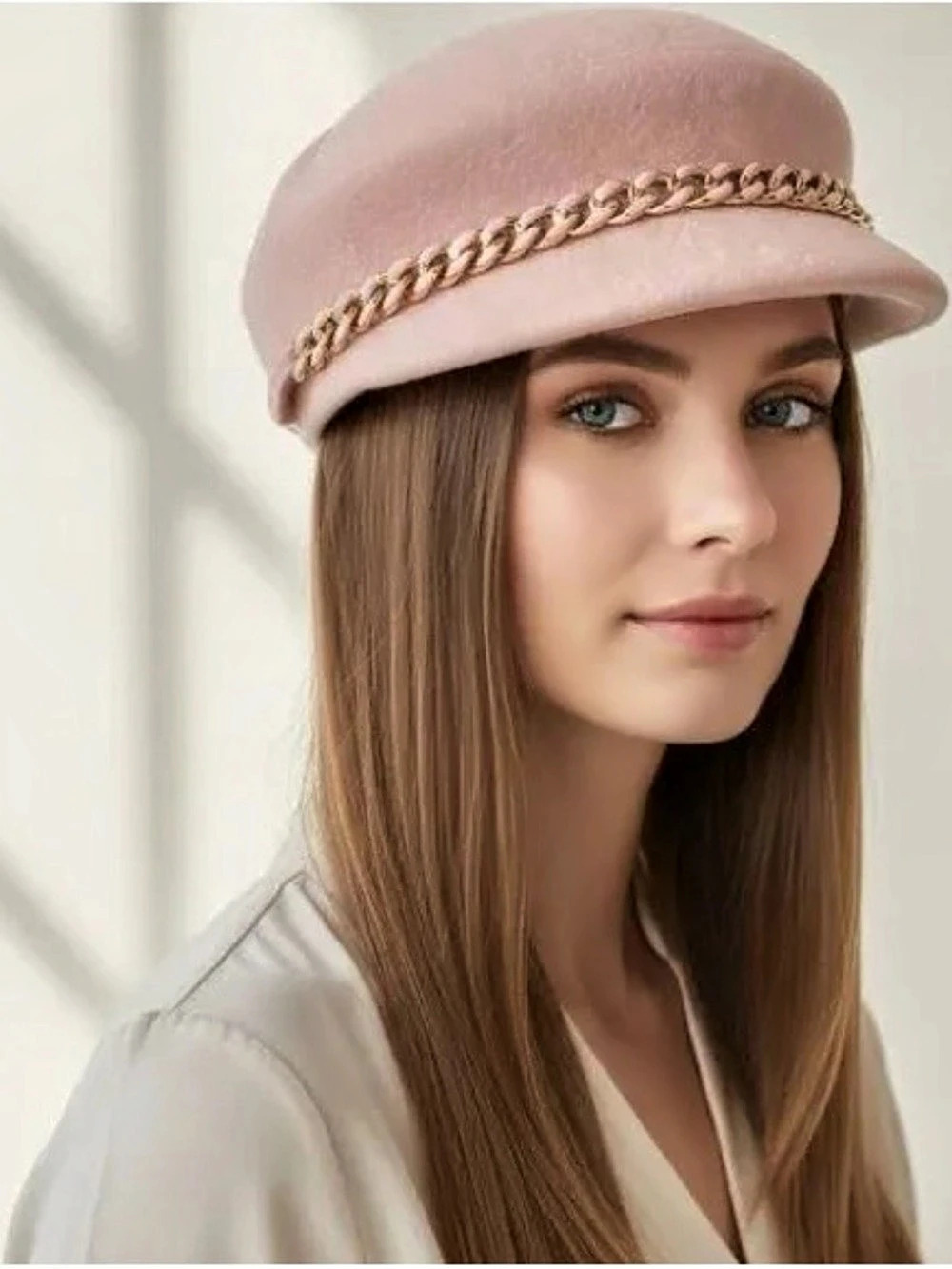 Badgley Mischka Newsboy Cap w/ Chain Wool Hat Pink Like New